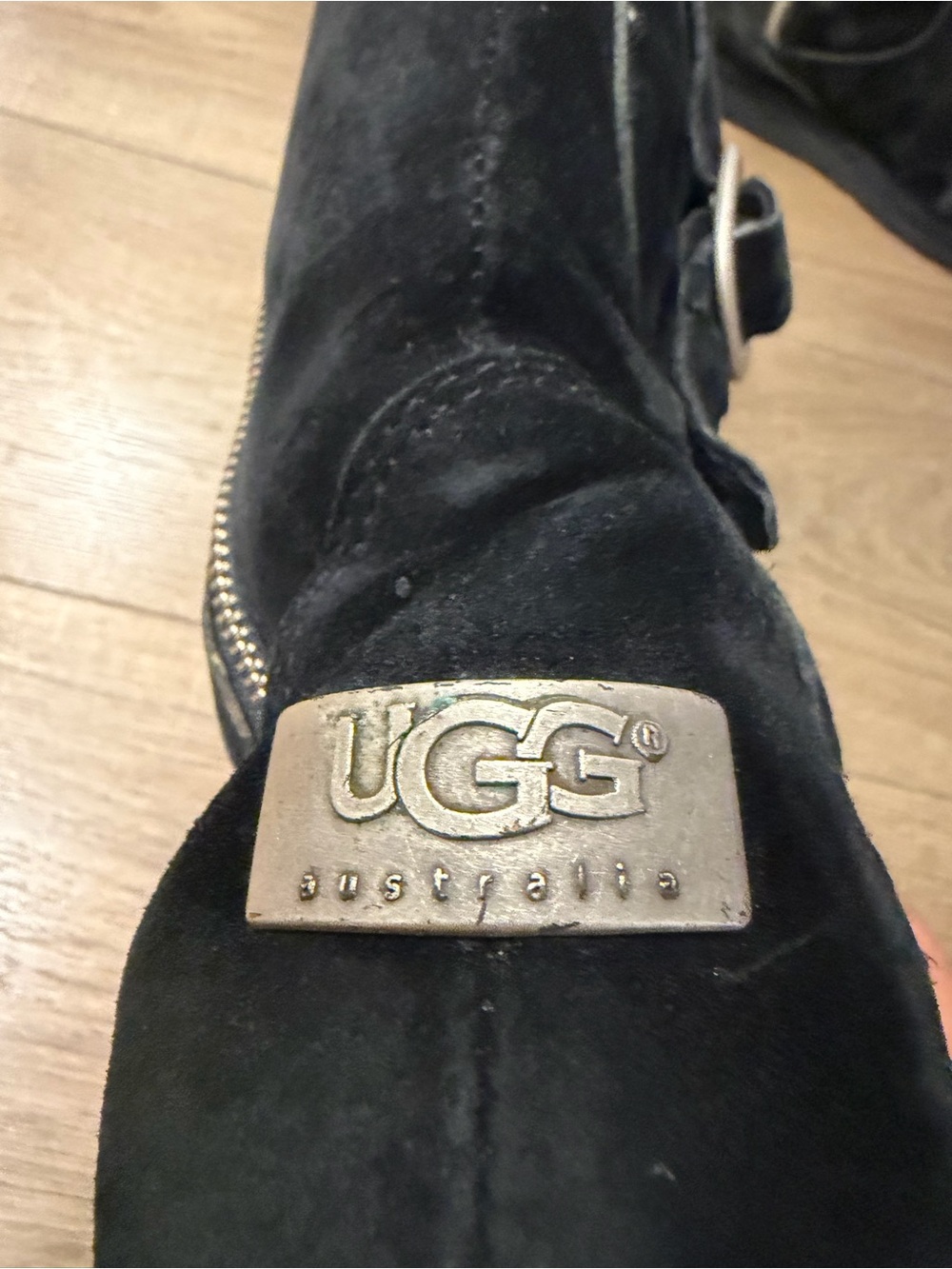 UGG Black Suede Shearling Mid-Calf Boot with Buckle, women 7 - Picture 3 of 13